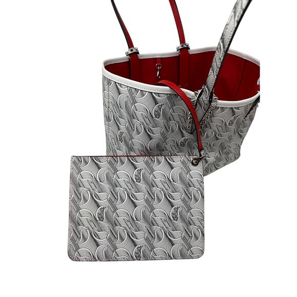 Christian Louboutin Cabata Tote Bag Purse Toile Studded Spike White Black Pouch - Picture 5 of 12